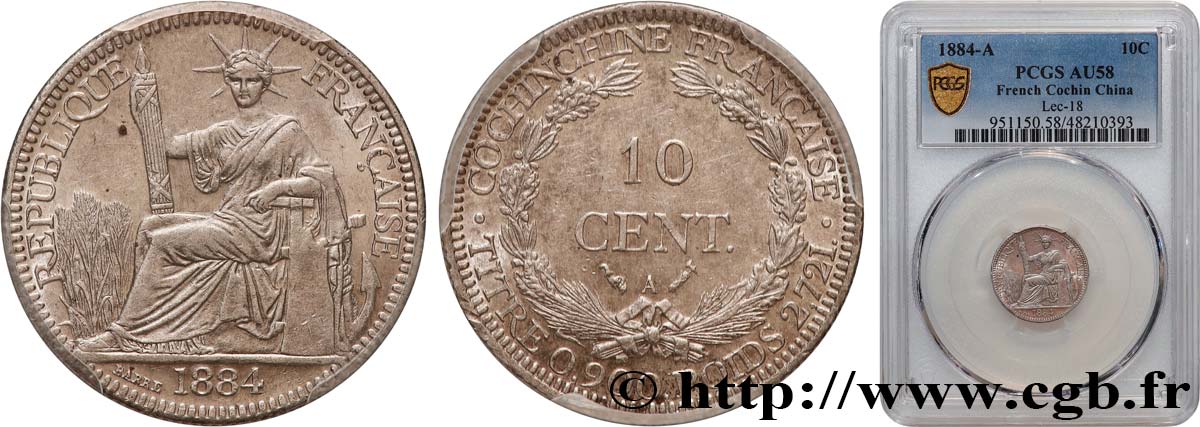 FRENCH COCHINCHINA 10 Centimes 1884 Paris AU58 PCGS