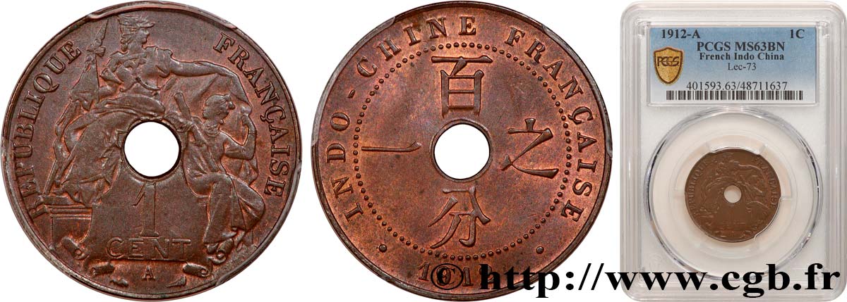 FRENCH INDOCHINA 1 Centième 1912 Paris MS63 PCGS