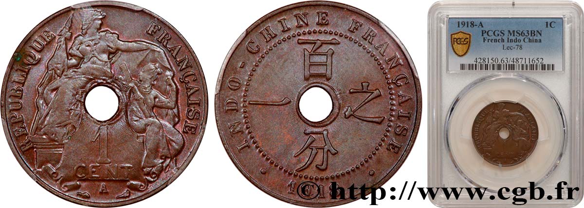 INDOCHINA 1 Centième 1918 Paris SC63 PCGS