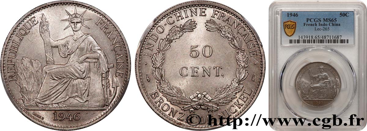 FRENCH INDOCHINA 50 Centièmes 1946 Paris MS65 PCGS