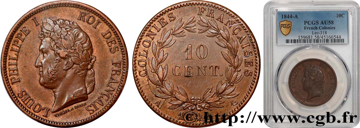FRENCH COLONIES - Louis-Philippe, for Marquesas Islands 10 Centimes 1844 Paris AU58 PCGS
