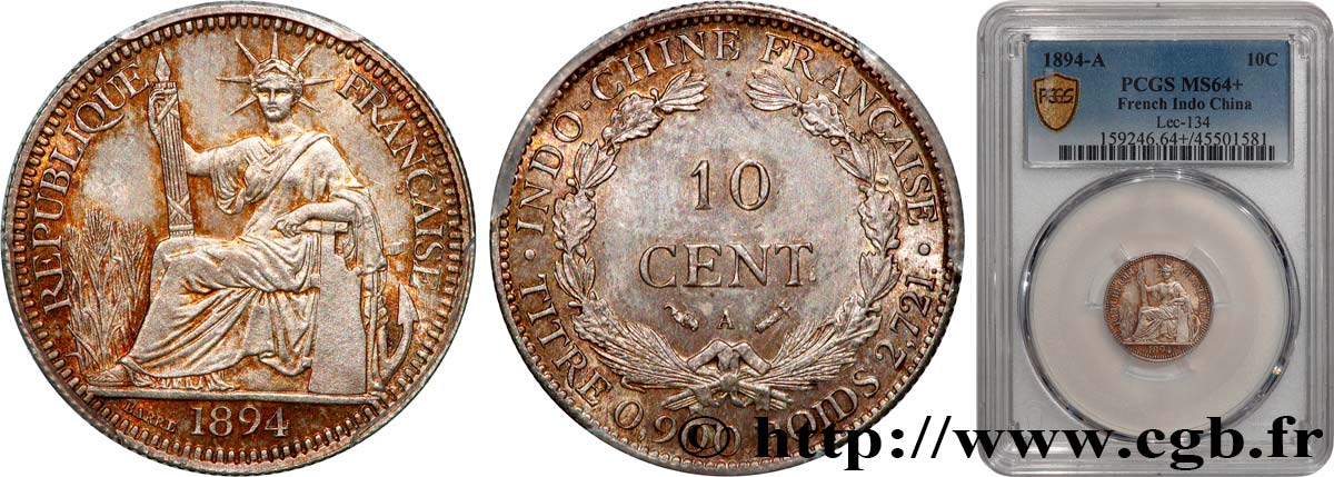 INDOCINA FRANCESE 10 Centièmes 1894 Paris MS63 PCGS