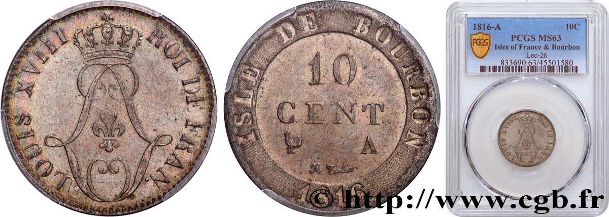BOURBON ISLAND (REUNION ISLAND) 10 Cent. 1816  MS63 PCGS