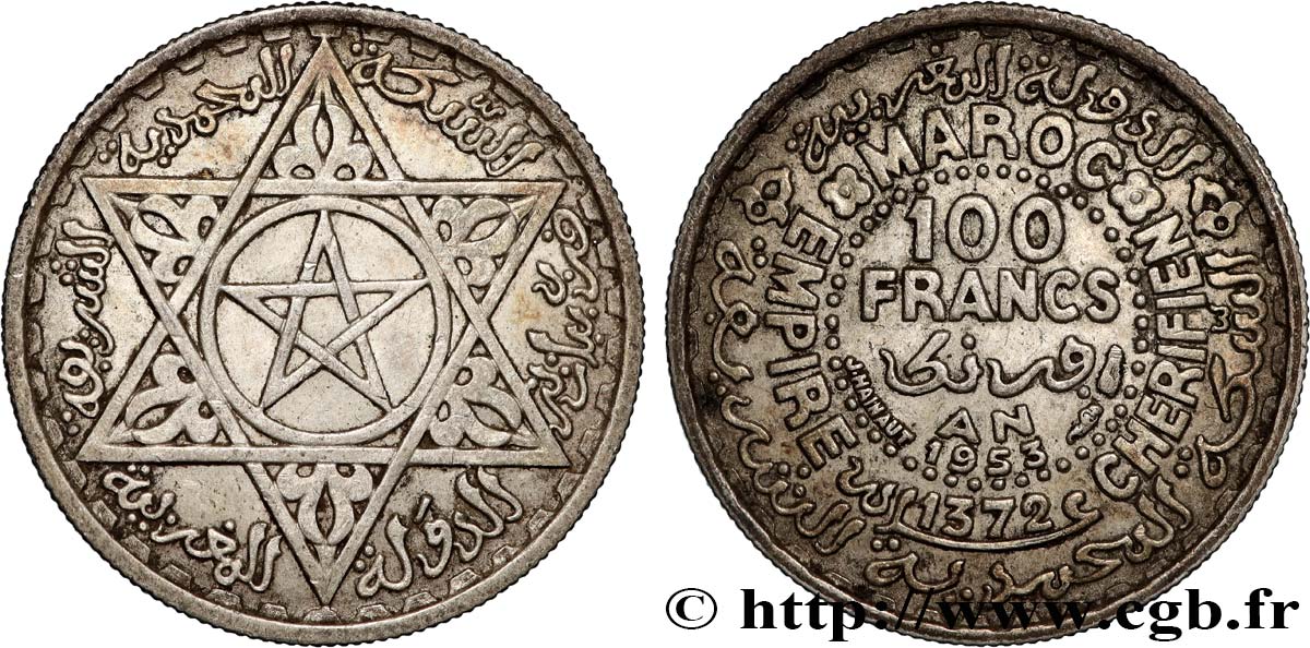 MARUECOS - PROTECTORADO FRANCÉS 100 Francs AH 1372 1953 Paris MBC 