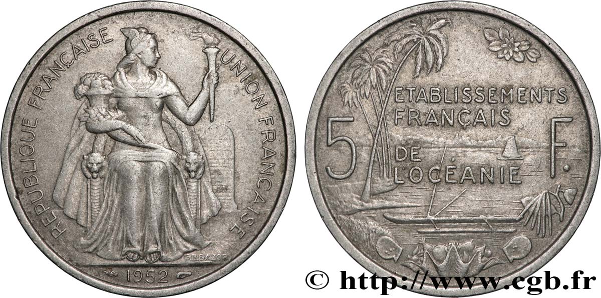 FRENCH POLYNESIA - Oceania Francesa 5 Francs Établissements Français de l’Océanie 1952 Paris MBC 