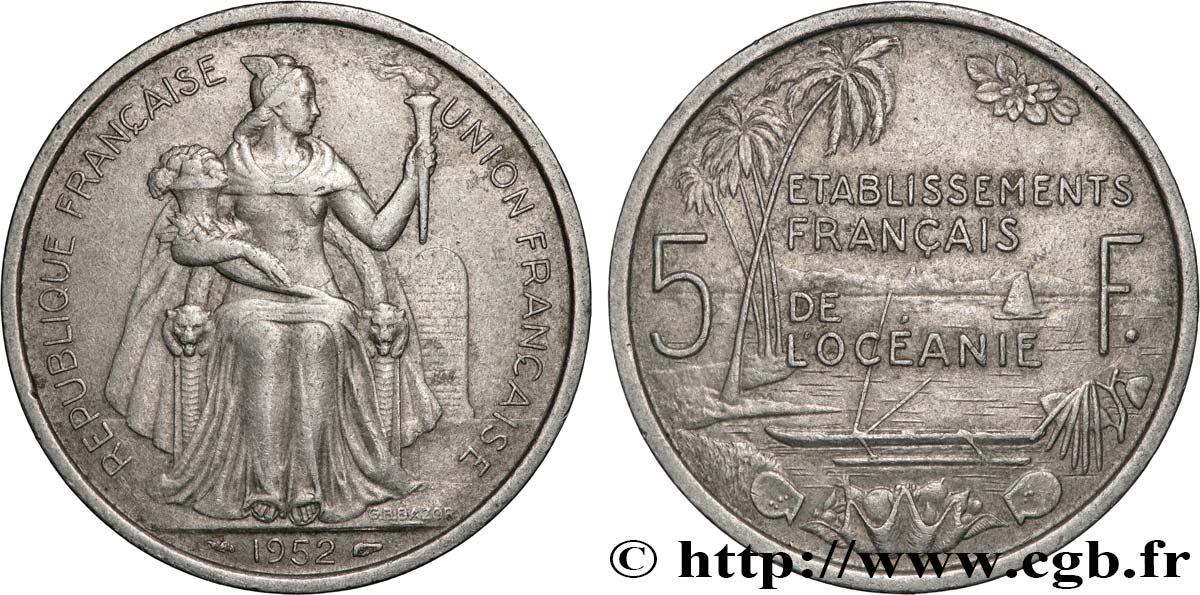 POLYNÉSIE FRANÇAISE - Océanie française 5 Francs Établissements Français de l’Océanie 1952 Paris TTB 