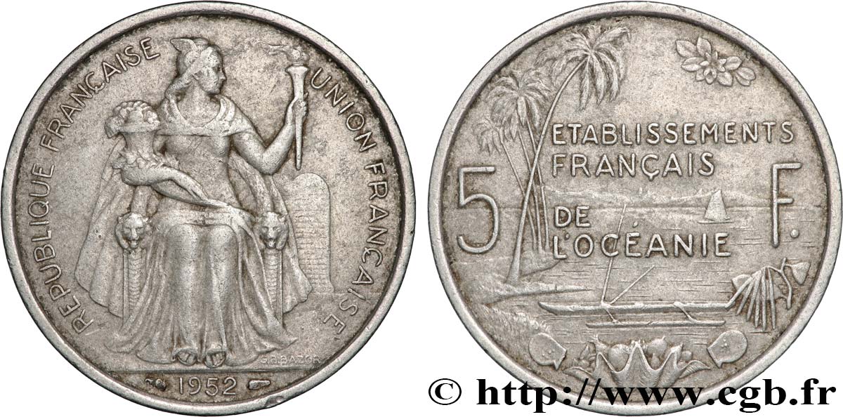 FRANZÖSISCHE POLYNESIA - Franzözische Ozeanien 5 Francs Établissements Français de l’Océanie 1952 Paris SS 