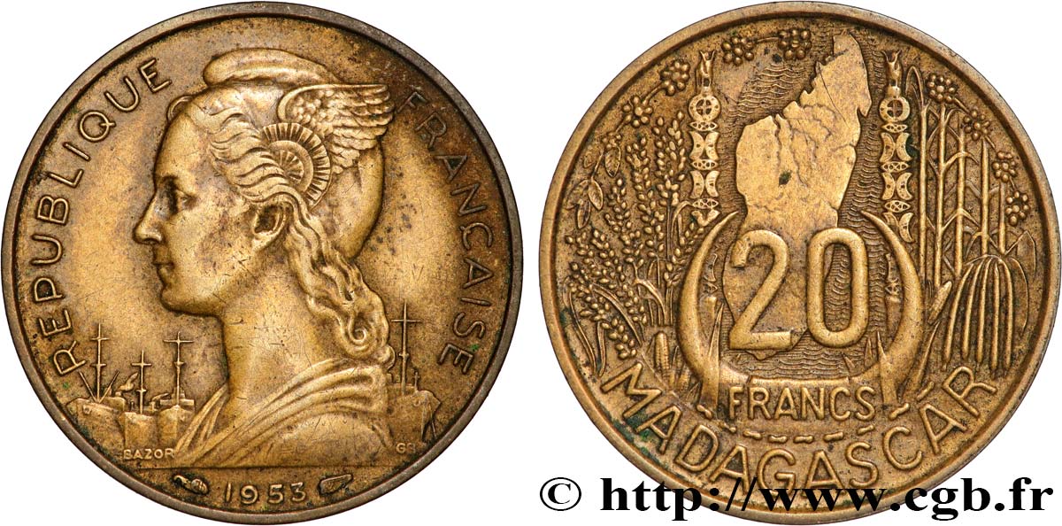 MADAGASCAR French Union 20 Francs 1953 Paris XF 