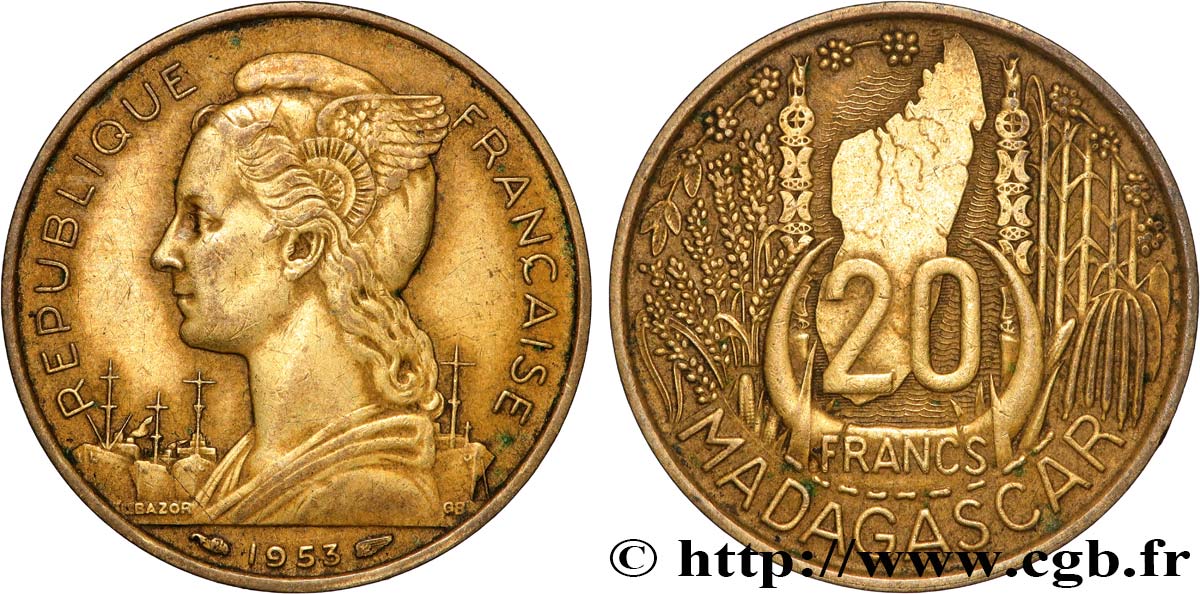 MADAGASCAR - UNIóN FRANCESA 20 Francs 1953 Paris MBC 