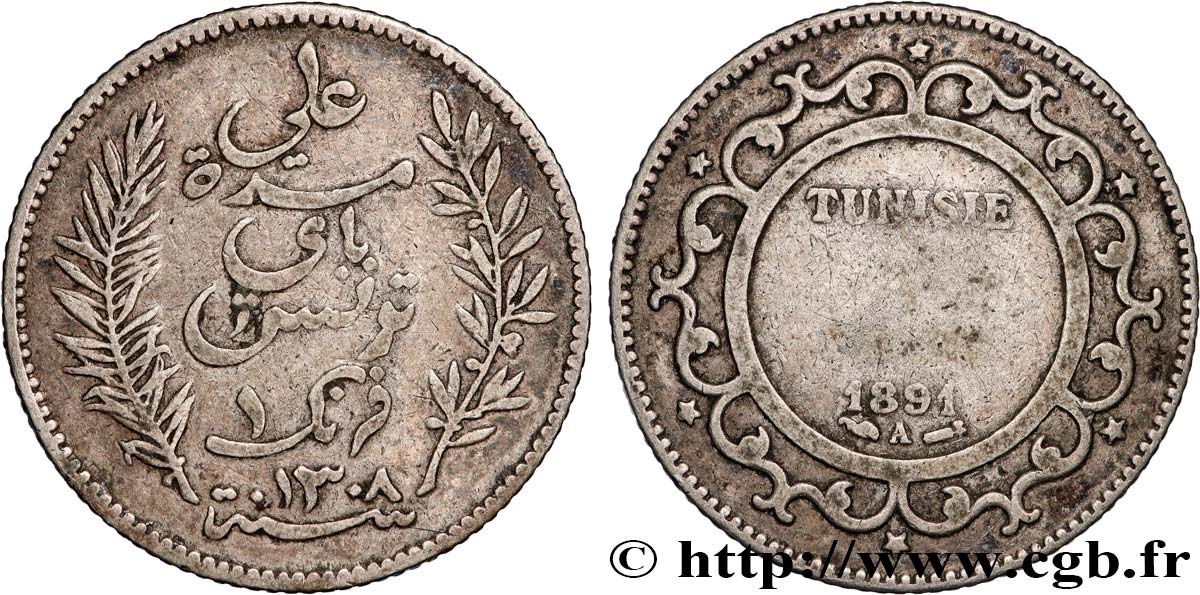 TUNEZ - Protectorado Frances 1 Franc AH1308 1891 Paris BC 
