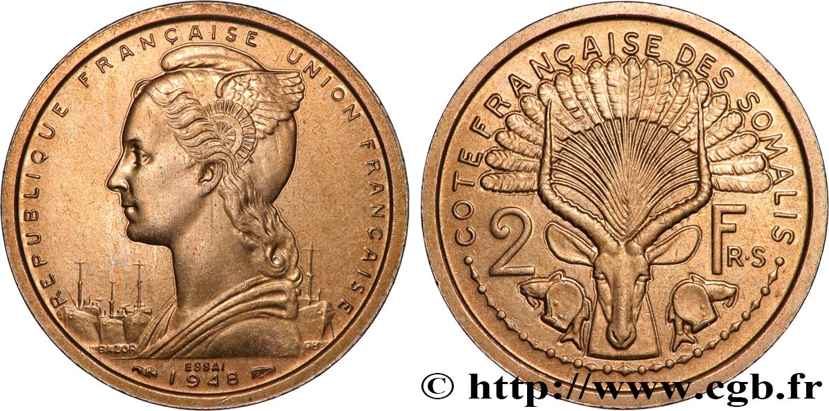 SOMALIA FRANCESA Essai de 2 Francs 1948 Paris SC 