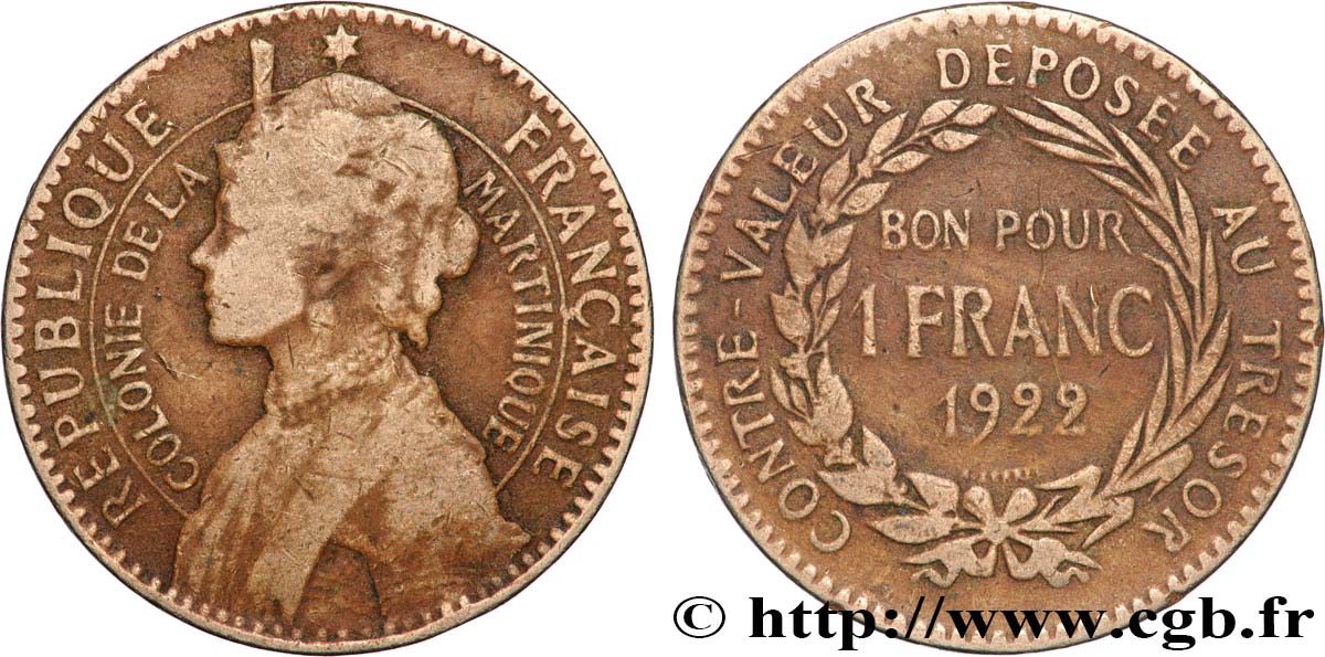 MARTINIQUE Bon pour 1 Franc Colonie de la Martinique 1922 sans atelier S 