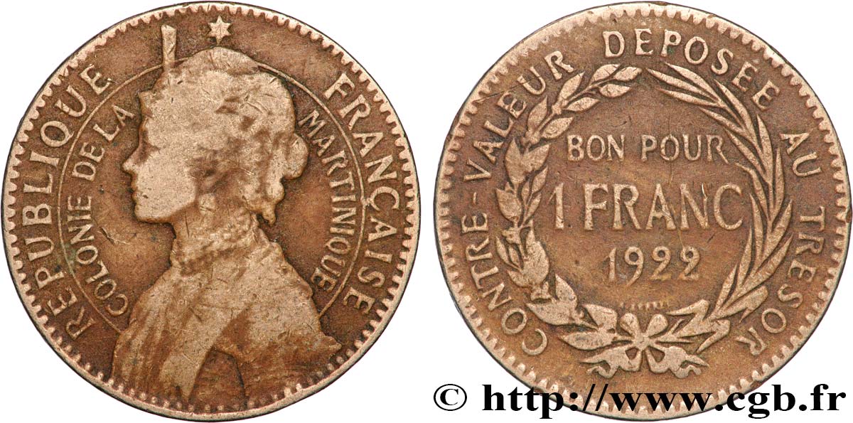 ÎLE DE LA MARTINIQUE Bon pour 1 Franc Colonie de la Martinique 1922 sans atelier TB 