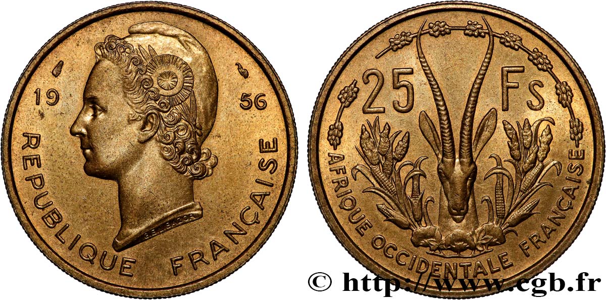 FRANZÖSISCHE WESTAFRIKA 25 Francs 1956 Paris VZ 