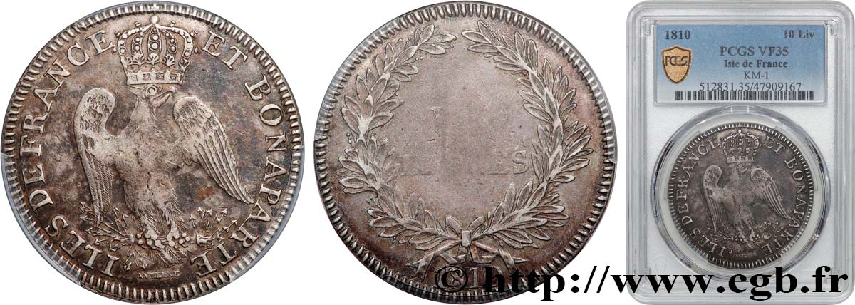 ÎLES DE FRANCE ET BOURBON - PREMIER EMPIRE - GÉNÉRAL DECAEN 1 Piastre (de 10 livres) Decaen 1810 Port-Louis VF35 PCGS