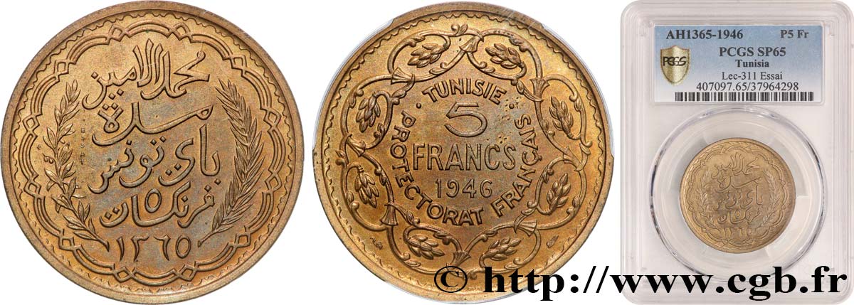 TUNESIEN - Französische Protektorate  Essai de 5 Francs 1946 Paris ST65 PCGS