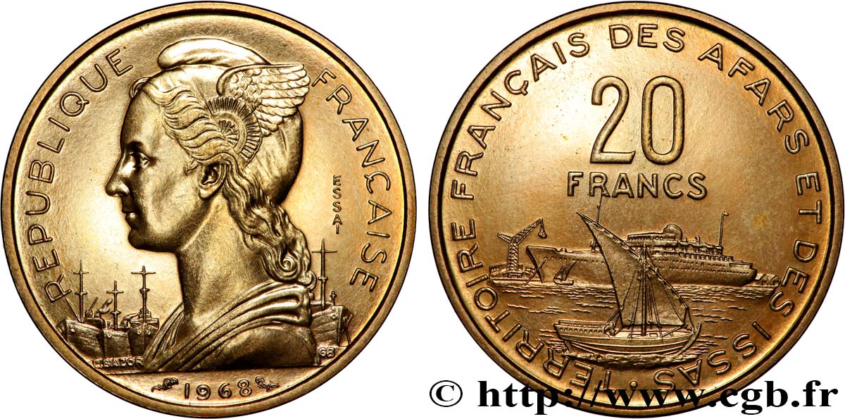 DJIBUTI - French Territory of the Afars and Issas  Essai de 20 Francs Marianne / port 1968 Paris MS 