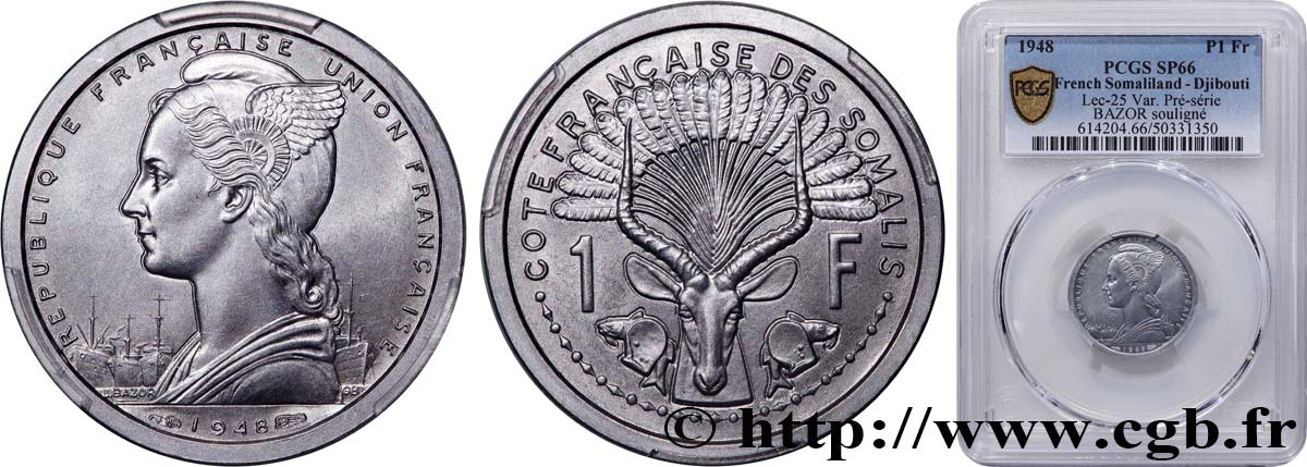 FRENCH SOMALILAND Pré-Série de 1 Franc 1948 Paris MS66 PCGS