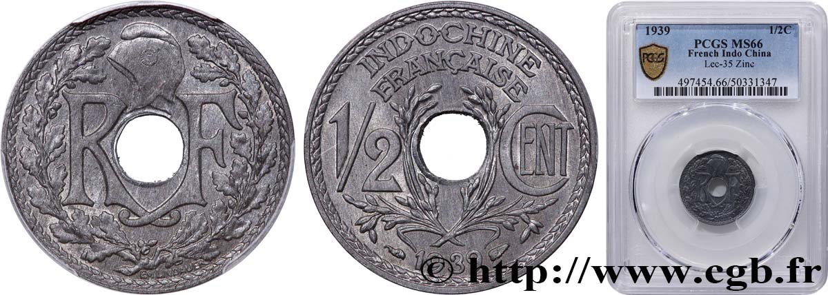 FRENCH INDOCHINA 1/2 Centième en Zinc 1939 Paris MS66 PCGS