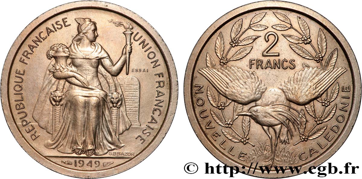 NUEVA CALEDONIA Essai de 2 Francs 1949 Paris SC 