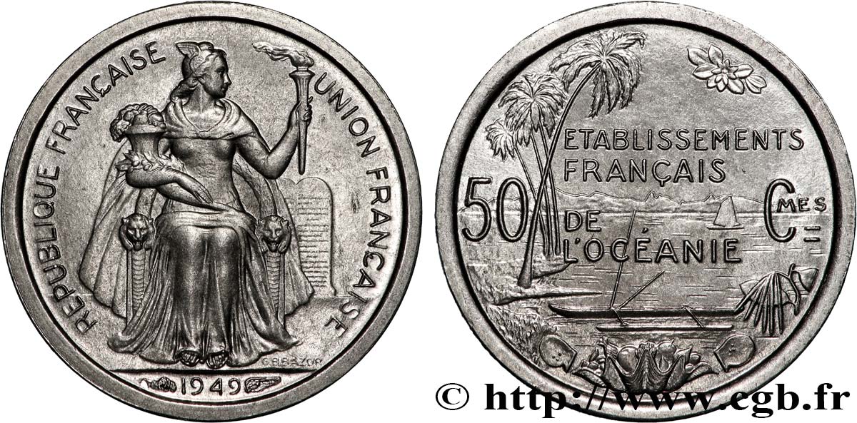 FRENCH POLYNESIA - French Oceania 50 Centimes Établissements Français de l’Océanie 1949 Paris MS 