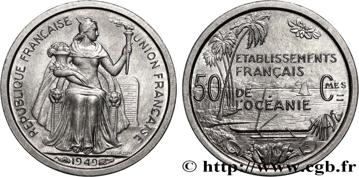 FRENCH POLYNESIA - French Oceania 50 Centimes Établissements Français de l’Océanie 1949 Paris MS 