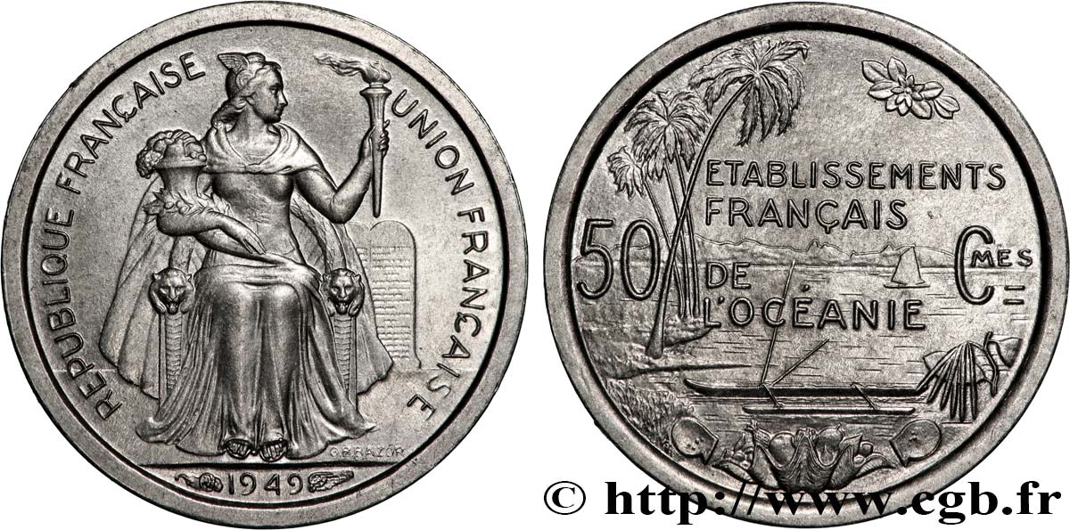 FRENCH POLYNESIA - French Oceania 50 Centimes Établissements Français de l’Océanie 1949 Paris MS 