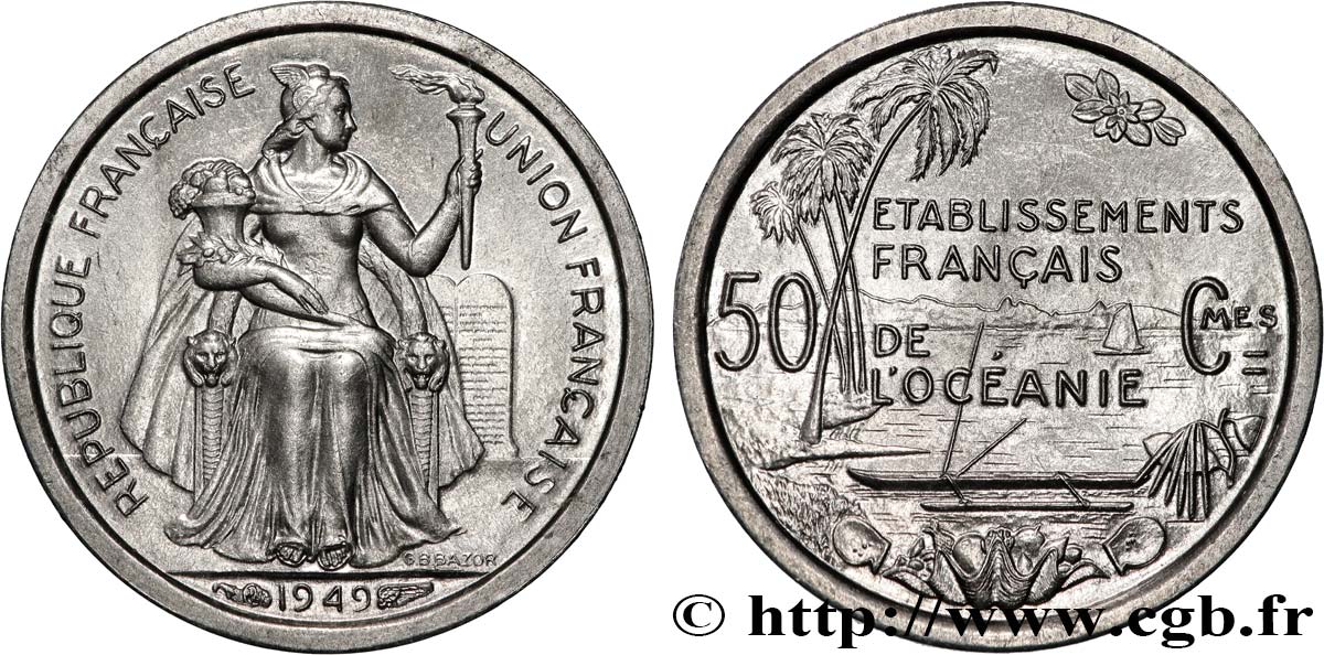 FRENCH POLYNESIA - French Oceania 50 Centimes Établissements Français de l’Océanie 1949 Paris MS 