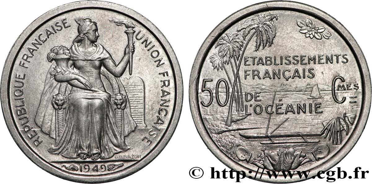 FRENCH POLYNESIA - French Oceania 50 Centimes Établissements Français de l’Océanie 1949 Paris MS 