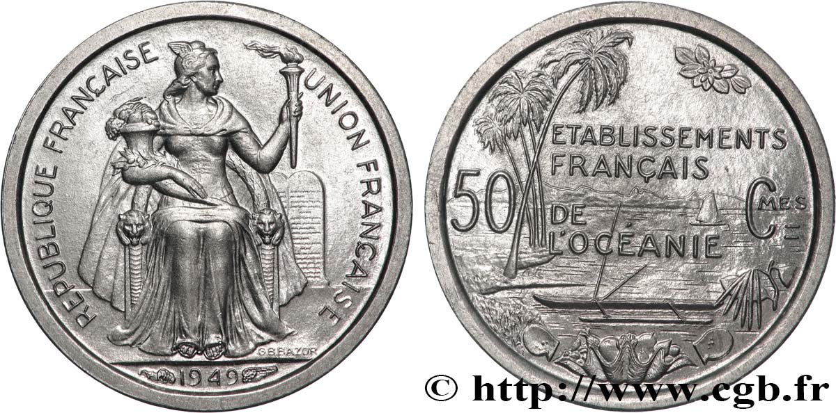 FRENCH POLYNESIA - French Oceania 50 Centimes Établissements Français de l’Océanie 1949 Paris MS 