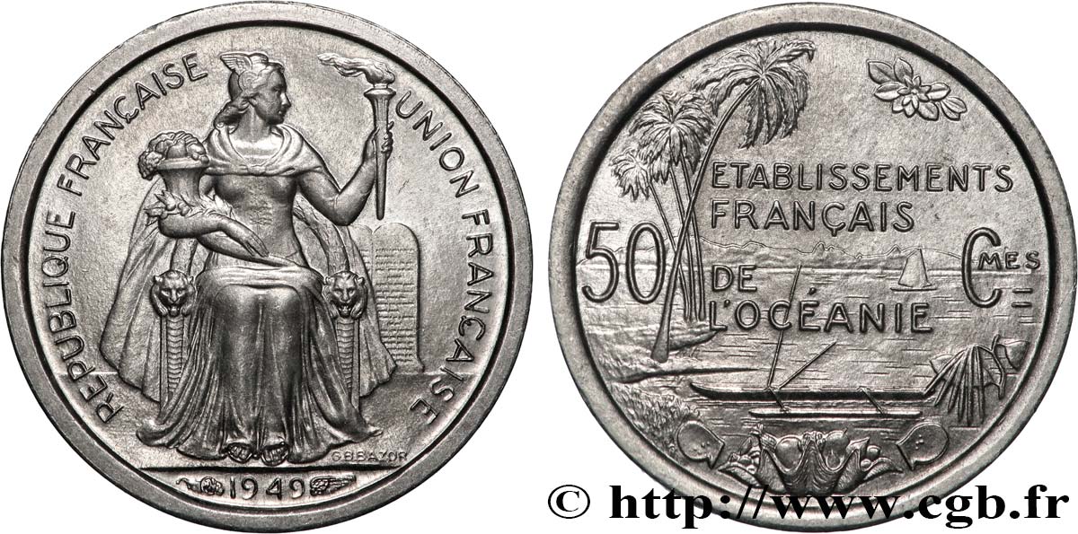 FRENCH POLYNESIA - French Oceania 50 Centimes Établissements Français de l’Océanie 1949 Paris MS 