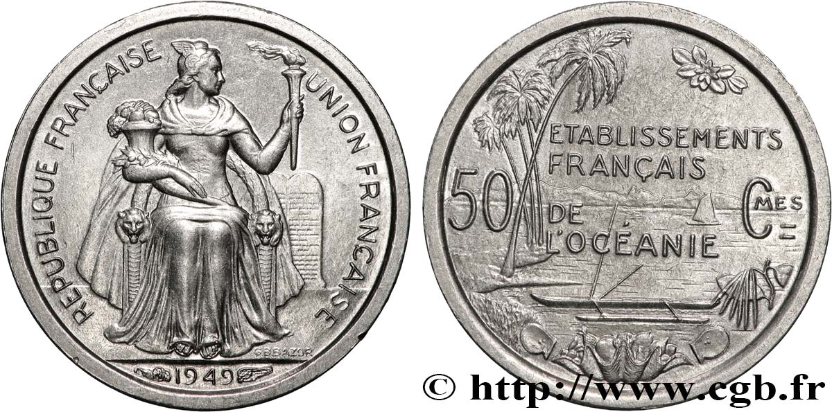 FRENCH POLYNESIA - French Oceania 50 Centimes Établissements Français de l’Océanie 1949 Paris MS 