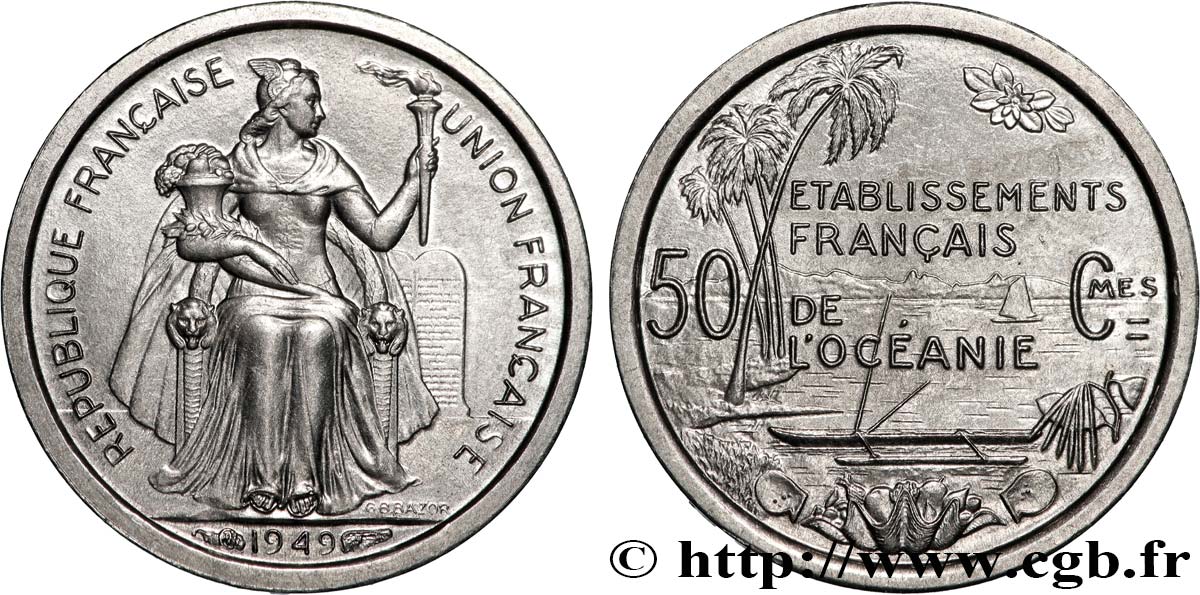 FRENCH POLYNESIA - French Oceania 50 Centimes Établissements Français de l’Océanie 1949 Paris MS 