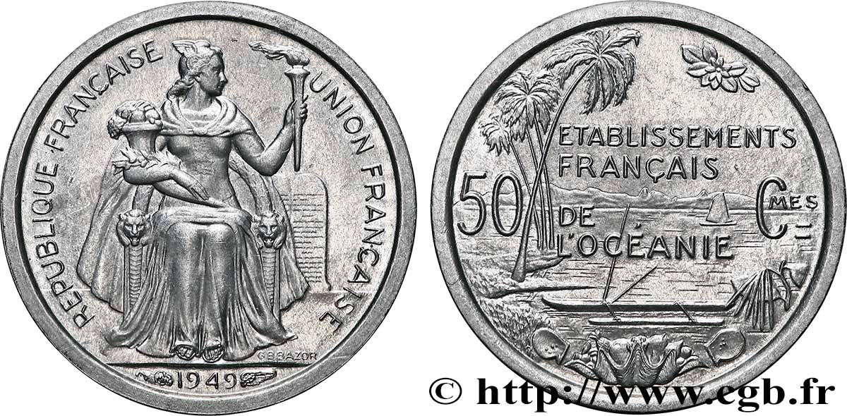 FRENCH POLYNESIA - French Oceania 50 Centimes Établissements Français de l’Océanie 1949 Paris MS 