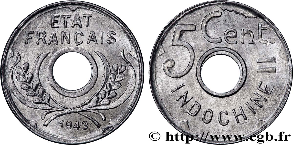 FRENCH INDOCHINA 5 Centièmes 1943 Hanoï AU 