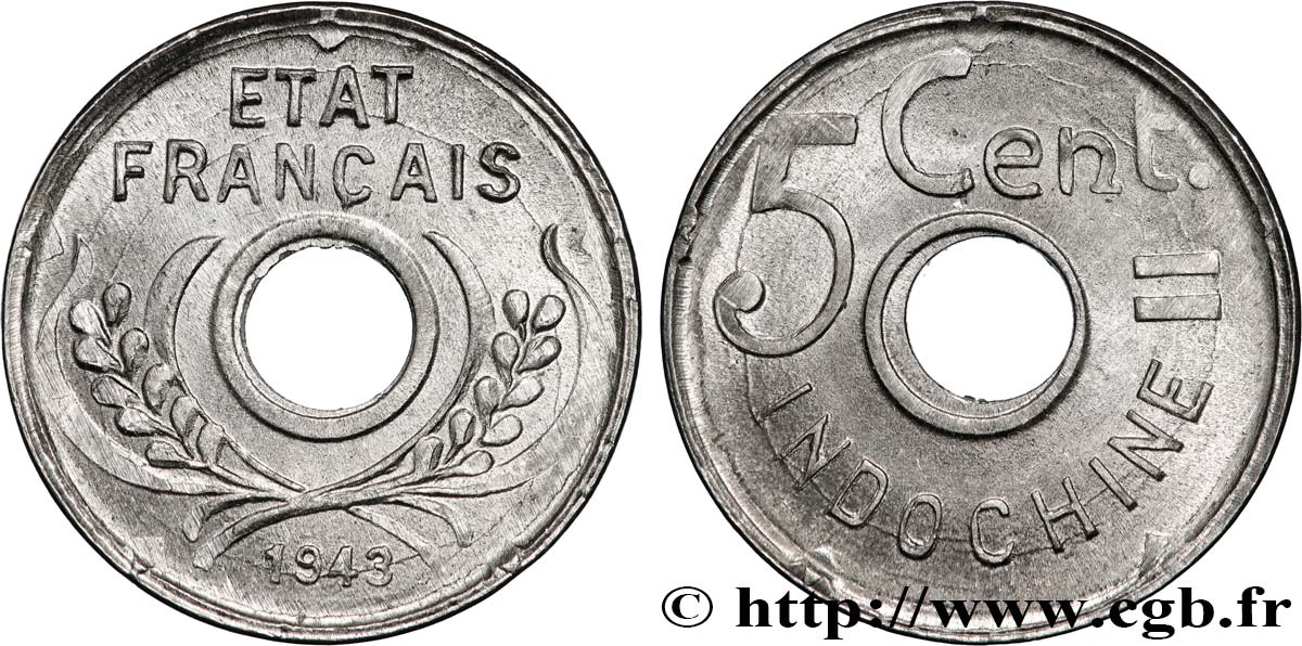 FRENCH INDOCHINA 5 Centièmes 1943 Hanoï AU 