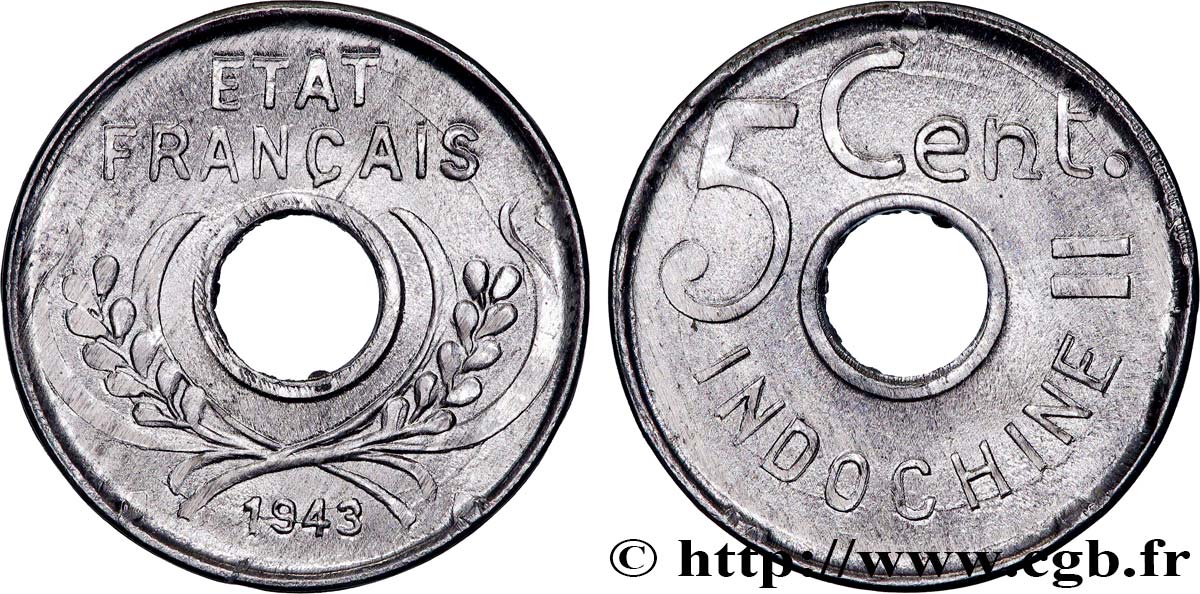 FRENCH INDOCHINA 5 Centièmes 1943 Hanoï AU 