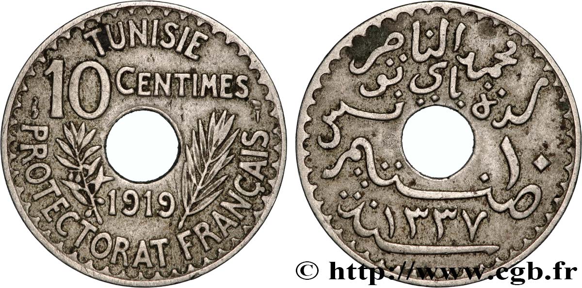 TUNISIA - Protettorato Francese 10 Centimes AH 1337 1919 Paris BB 