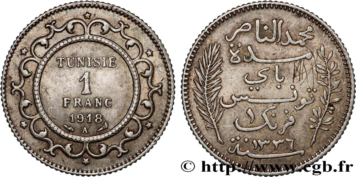 TUNISIA - Protettorato Francese 1 Franc AH 1336 1918 Paris q.SPL 
