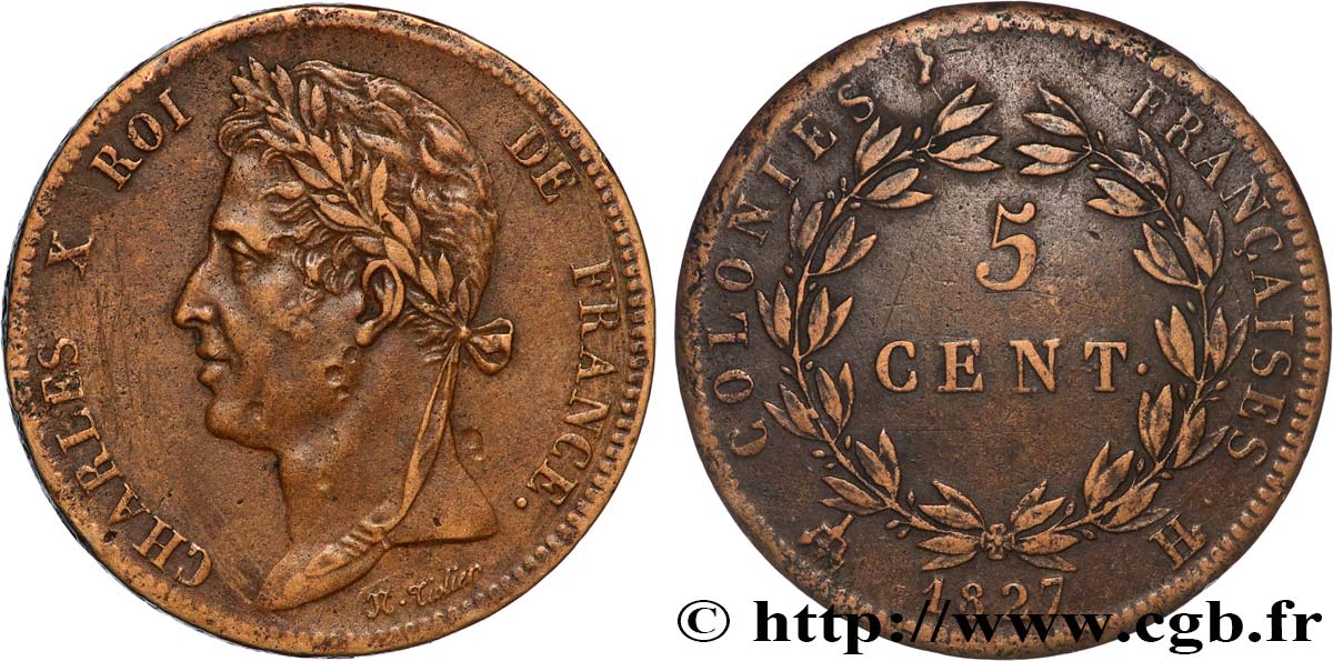 COLONIAS FRANCESAS - Charles X, para Martinica y Guadalupe 5 Centimes Charles X 1827 La Rochelle - A BC+ 