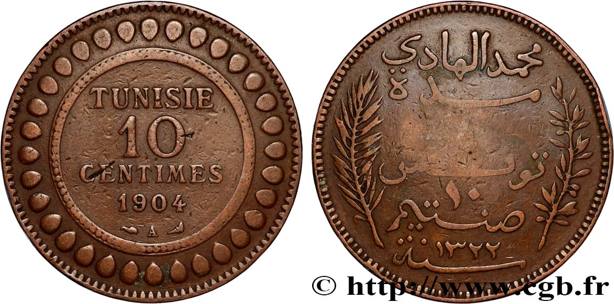 TUNESIEN - Französische Protektorate  10 Centimes AH1322 1904 Paris fSS 