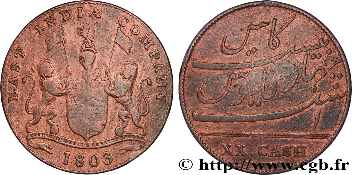 ÎLE DE FRANCE (ÎLE MAURICE) XX (20) Cash East India Company 1803 Madras TB+ 