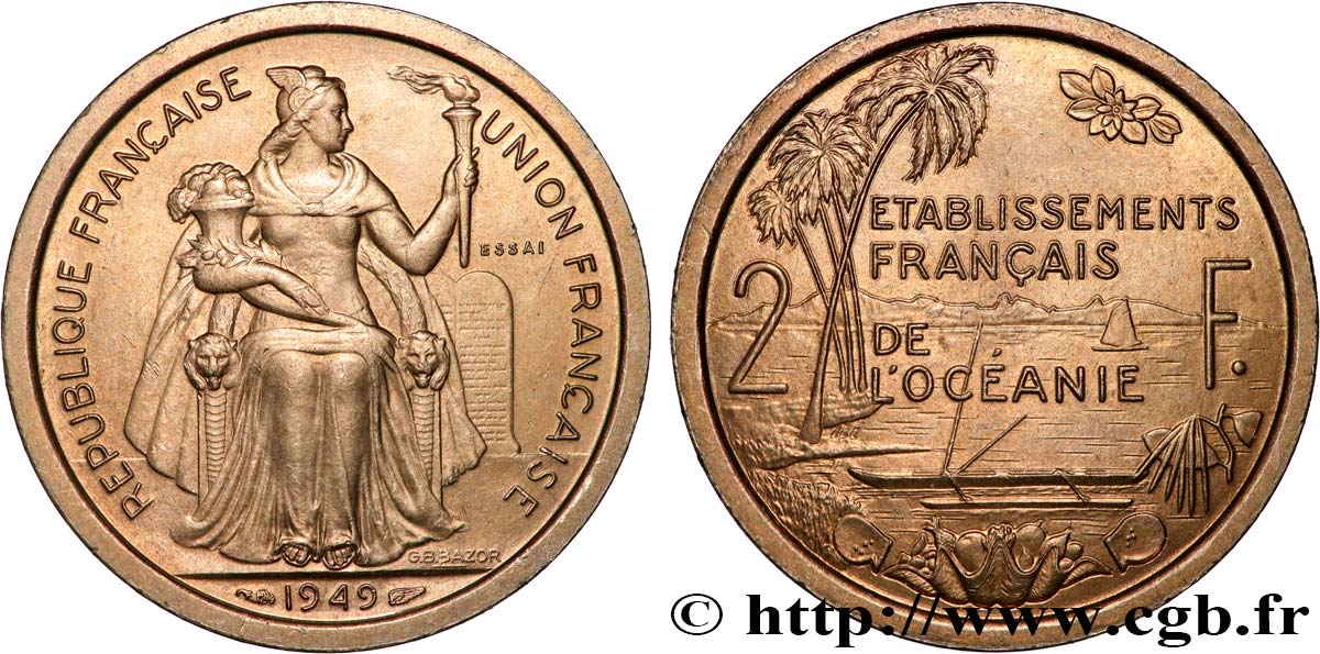 FRANZÖSISCHE POLYNESIA - Franzözische Ozeanien Essai de 2 Francs Établissements français de l’Océanie 1949 Paris fST 
