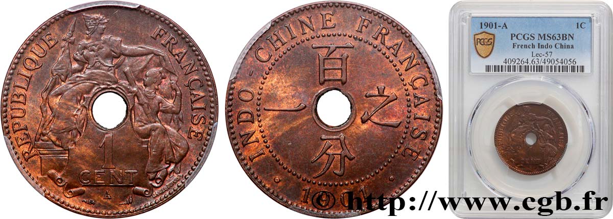 INDOCINA FRANCESE 1 Centième 1901 Paris MS63 PCGS