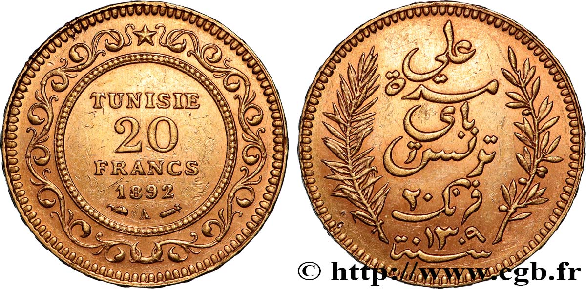 INVESTMENT GOLD 20 Francs or Bey Ali AH1310 1892 Paris SS 