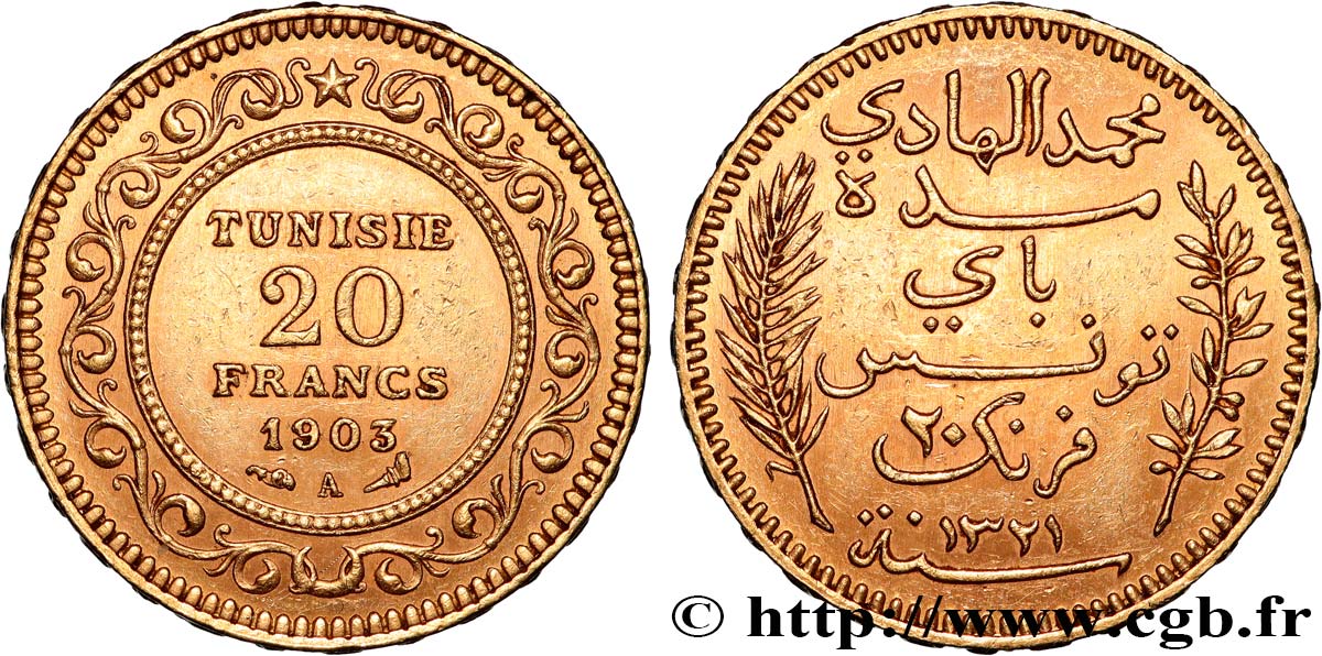 INVESTMENT GOLD 20 Francs or Bey Mohamed El Hadi AH 1321 1903 Paris XF 