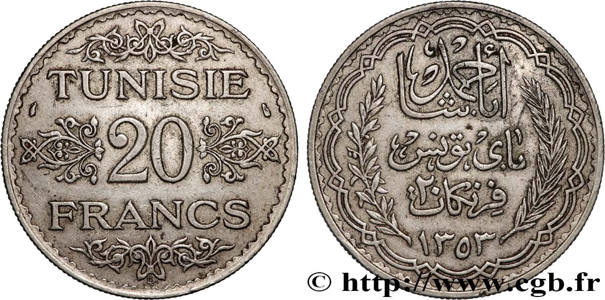 TUNISIE - PROTECTORAT FRANÇAIS 20 Francs au nom du Bey Ahmed an 1353 1934 Paris TTB+ 