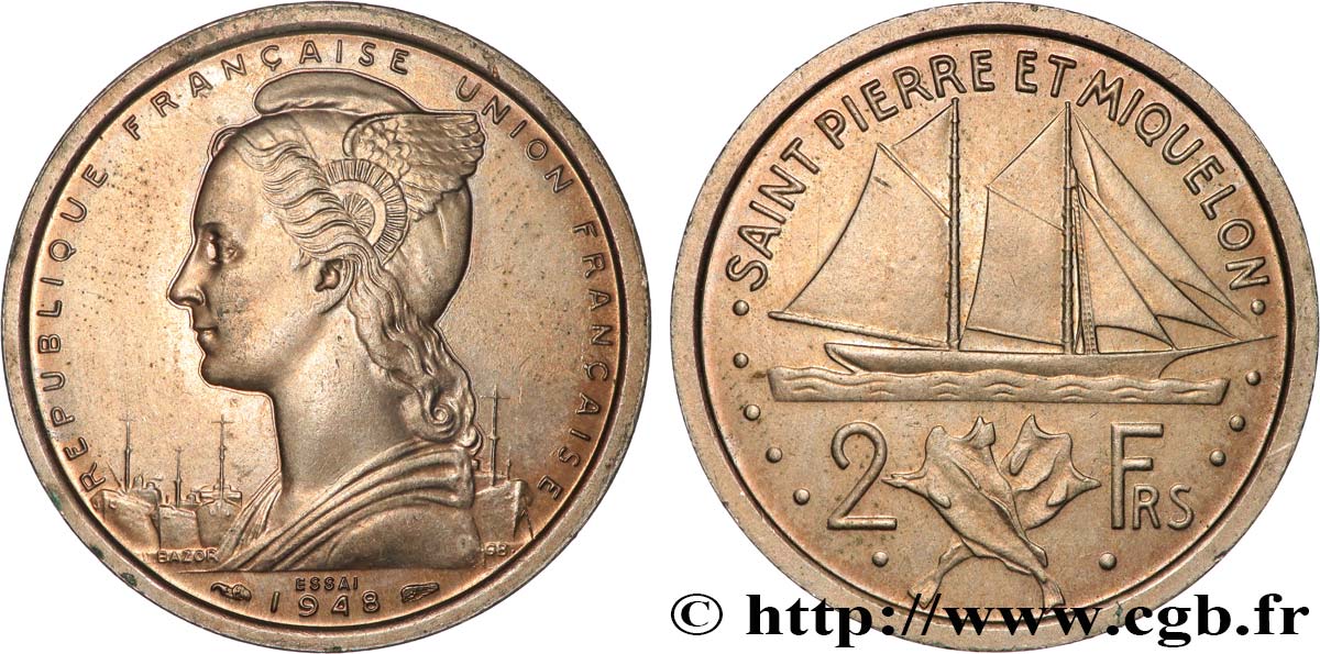 SAINT PIERRE ET MIQUELON 2 Francs ESSAI 1948 Paris SPL 
