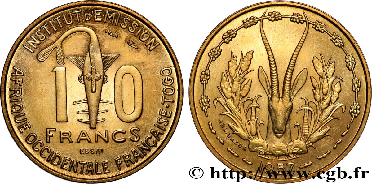 FRANZÖSISCHE WESTAFRIKA - TOGO 10 Francs Essai 1957 Paris fST 