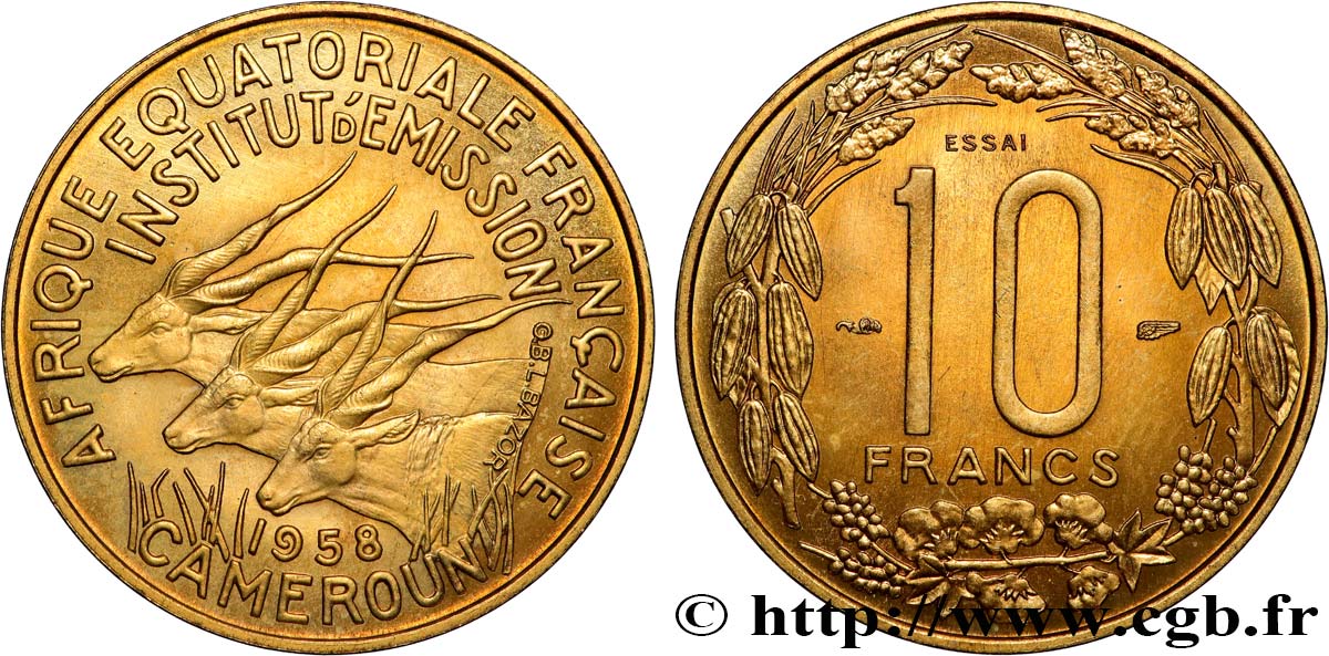 AFRIQUE ÉQUATORIALE FRANÇAISE - CAMEROUN Essai de 10 Francs 1958 Paris SPL 